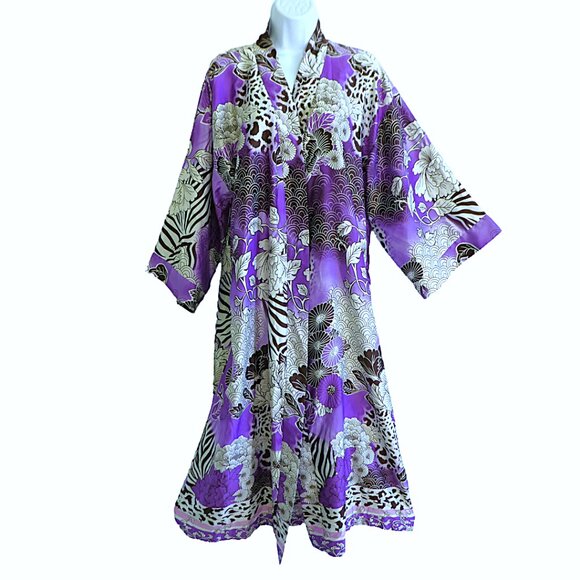 Natori Cruz Lux Kimono Robe Silky Purple Mixed Floral Print Open Front Duster L